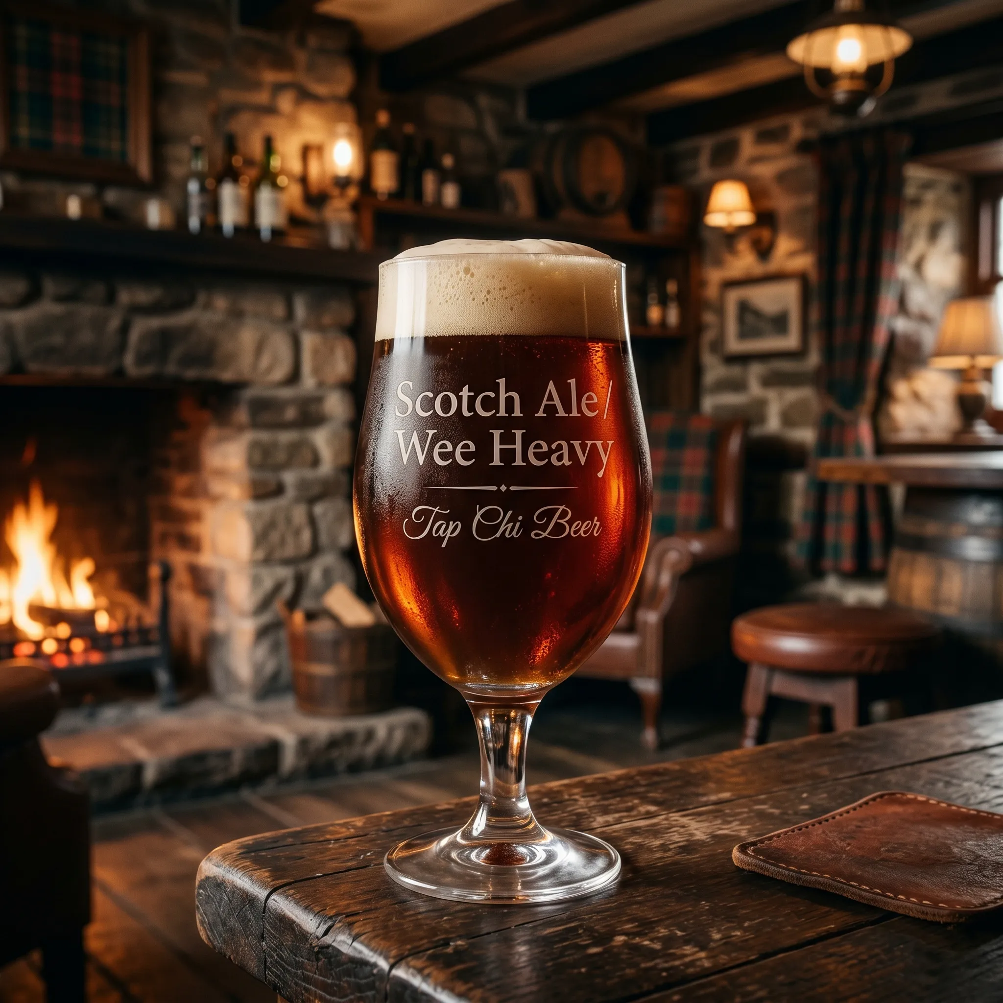 Ein Glas kupferbraunes Scotch Ale mit leichtem, cremigem Schaum.