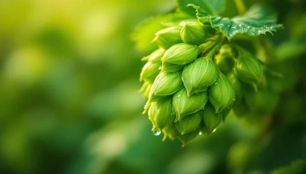 Cận cảnh quả hop Simcoe tươi với hạt lupulin vàng óng