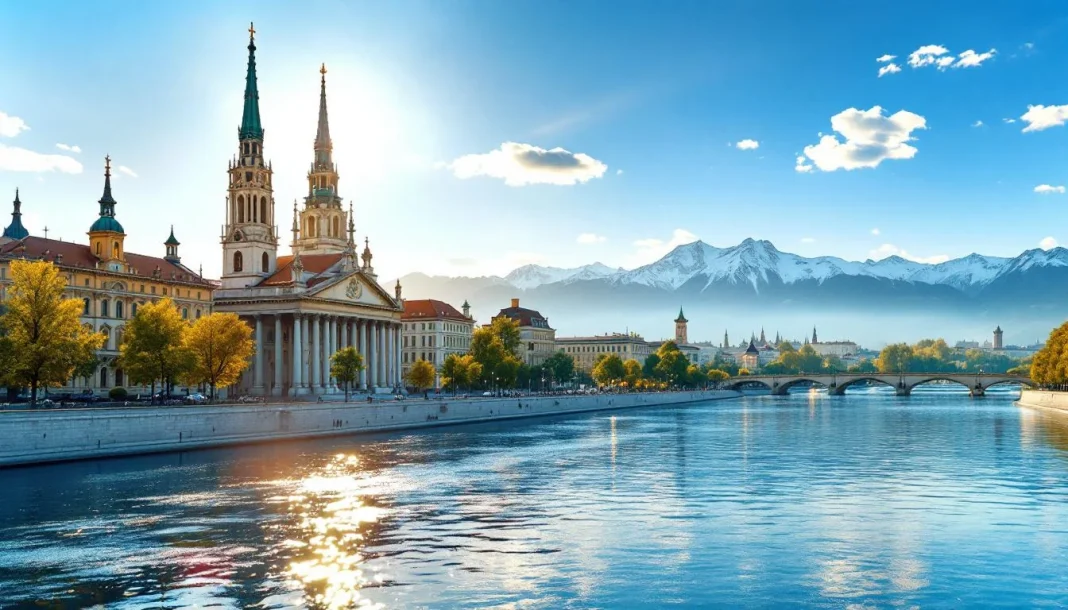Vienna Water — HERO_IMAGE Toàn cảnh Vienna với sông Danube và dãy Alps phía xa — nguồn gốc của Vienna Water huyền thoại