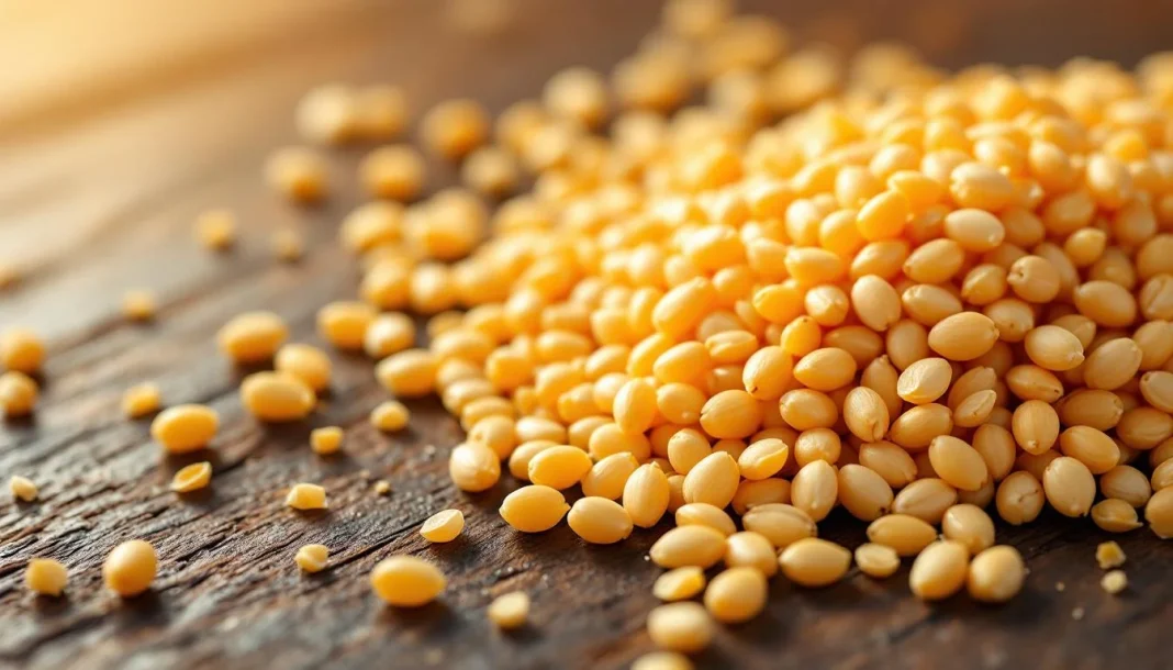 Wheat Malt — HERO_IMAGE Hạt malt lúa mì Wheat Malt màu vàng nhạt trên bề mặt gỗ mộc